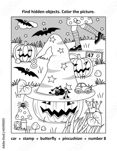 Halloween activity. Find hidden objects picture puzzle and coloring page. Little witch chase her magic hat.
