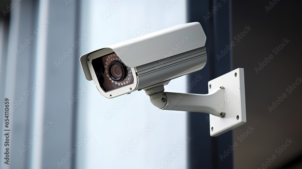 A Close - up view of CCTV camera, modern CCTV camera installed on white wall A Close - up view of CCTV camera, modern CCTV camera installed on white wall