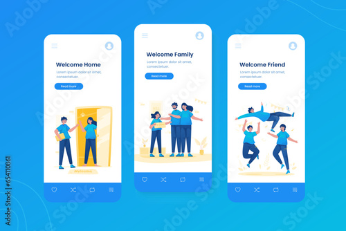 Welcome front page illustration onboard mobile ui template