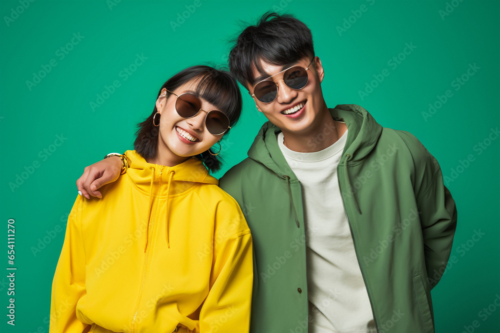 Young asian happy couple in green and yellow jackets, wearing sunglasses