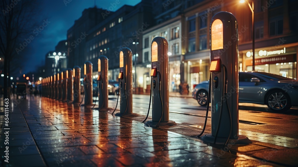 EV charging station for electric car. Eco power produced concept from sustainable source to supply to charger station. Technology and alternative energy concept. Generative Ai