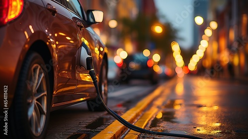 Electric car is connected to the EV charging station. Technology and alternative energy concept. Generative Ai © Vilaysack