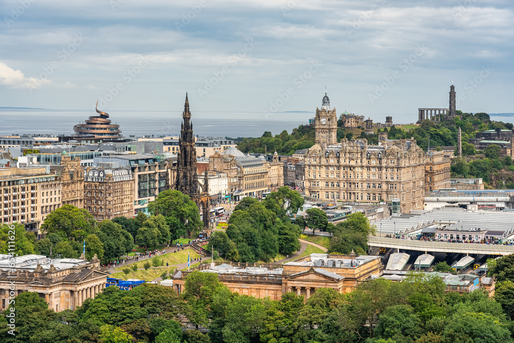Panoramic view of the city of Edinburgh from the castle hill located in the city, Scotland.