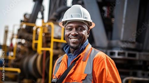 An Oil Energy Industry: Close - up view of a worker working near an oil drilling machine, a worker happy with his work
