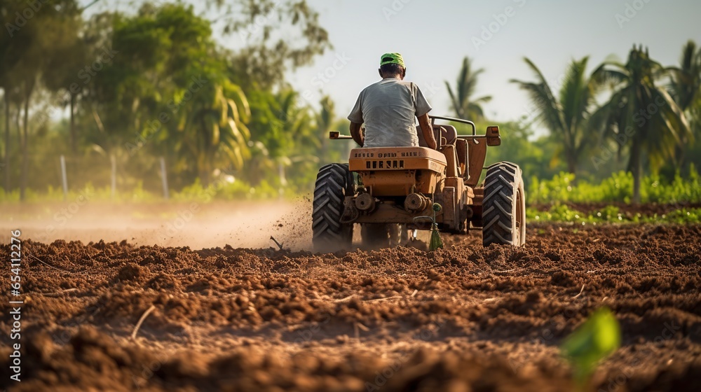 Obraz premium A Farming Industry: Close - up of farmer driving a tractor, happy farmer at work, plowing land for planting