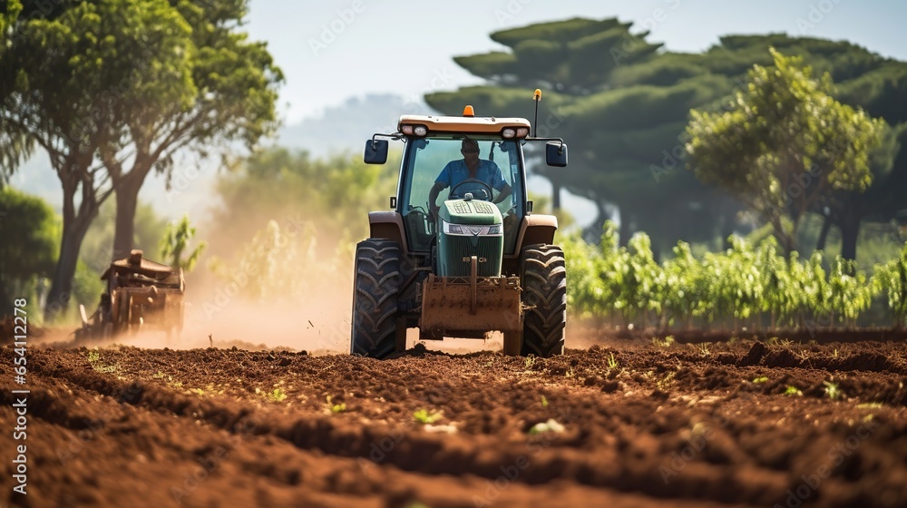 A Farming Industry: Close - up of farmer driving a tractor, happy farmer at work, plowing land for planting A Farming Industry: Close - up of farmer driving a tractor, happy farmer at work, plowing land for planting