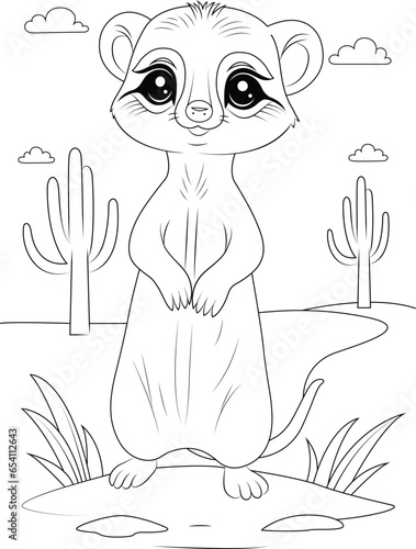 Coloring page a meerkat standing on its hind legs in the desert