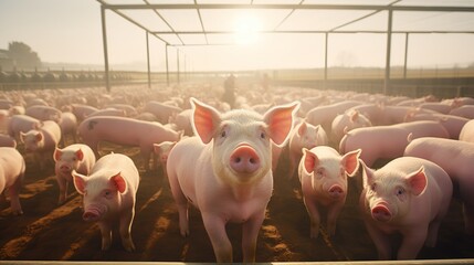 Agricultural Crops: Pigs in pig farms still eat from troughs. Food in the barn, healthy pigs, pig farm