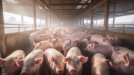 Agricultural Crops: Pigs in pig farms still eat from troughs. Food in the barn, healthy pigs, pig farm