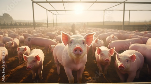 Agricultural Crops: Pigs in pig farms still eat from troughs. Food in the barn, healthy pigs, pig farm