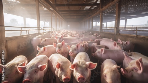 Agricultural Crops: Pigs in pig farms still eat from troughs. Food in the barn, healthy pigs, pig farm photo