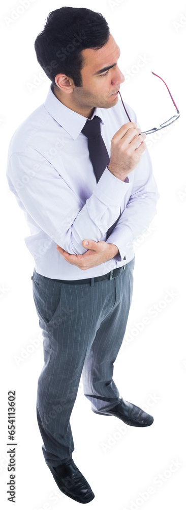 Digital png photo of thinking biracial businessman holding glasses on transparent background Digital png photo of thinking biracial businessman holding glasses on transparent background