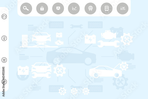 Digital png illustration of screen with car in repair and icons on transparent background
