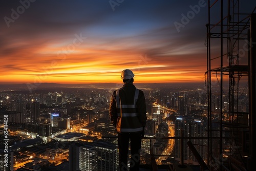 Smart civil engineer standing looking at unfinished construction project. Generative Ai