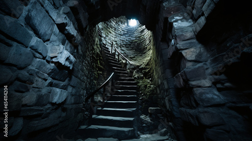 Ascend the spiraling stairs of a castle's ominous tower, mysterious and haunting