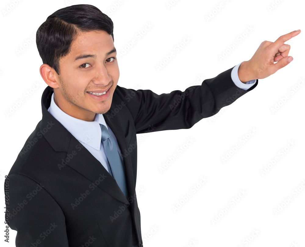 Digital png photo of happy biracial businessman pointing finger on transparent background Digital png photo of happy biracial businessman pointing finger on transparent background