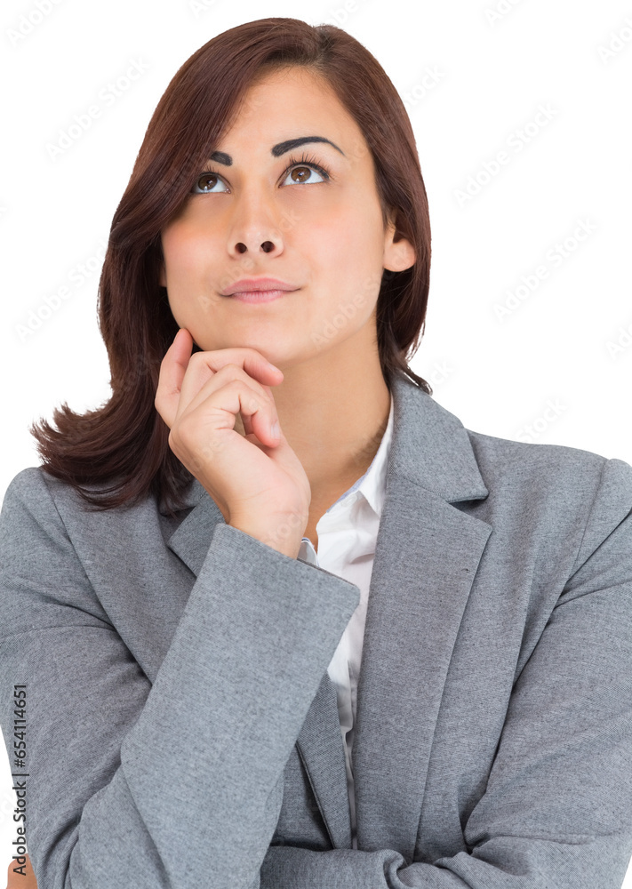 Digital png photo of thinking biracial businesswoman looking up on transparent background Digital png photo of thinking biracial businesswoman looking up on transparent background