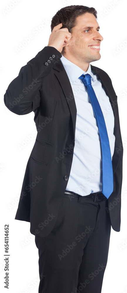 Digital png photo of happy caucasian businessman scratching head on transparent background Digital png photo of happy caucasian businessman scratching head on transparent background