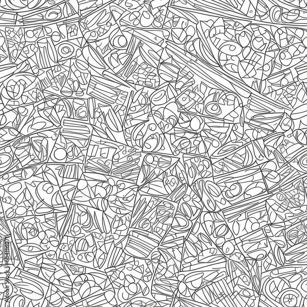 Abstract seamless texture of dishes in black and white lines. AI generated.