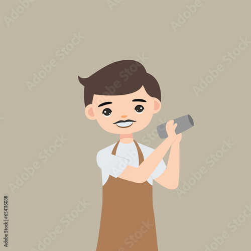 man barista cartoon character working at cafeteria making coffee for client vector illustration