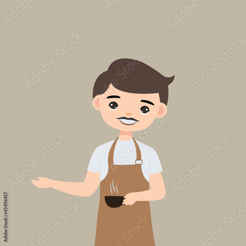 man barista cartoon character working at cafeteria making coffee for client vector illustration