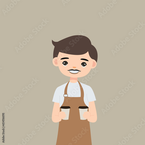 man barista cartoon character working at cafeteria making coffee for client vector illustration