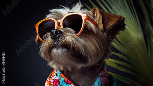 Dog in Hawaiian Shirt and Sunglasses Graces Top Fashion © icehawk33