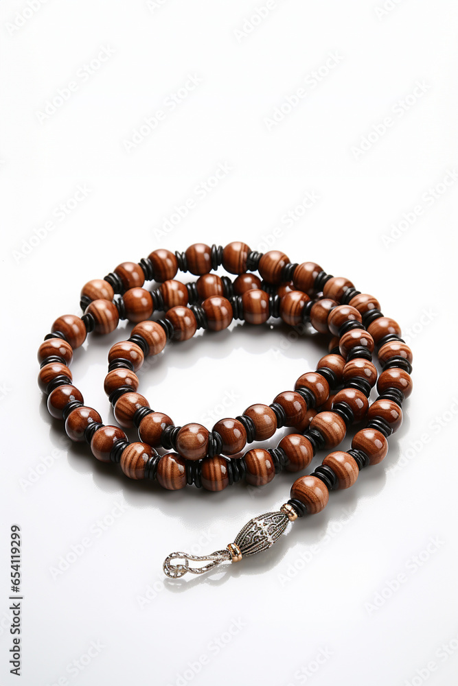 wooden Islamic beads or tasbih on a white background copy space wooden Islamic beads or tasbih on a white background copy space