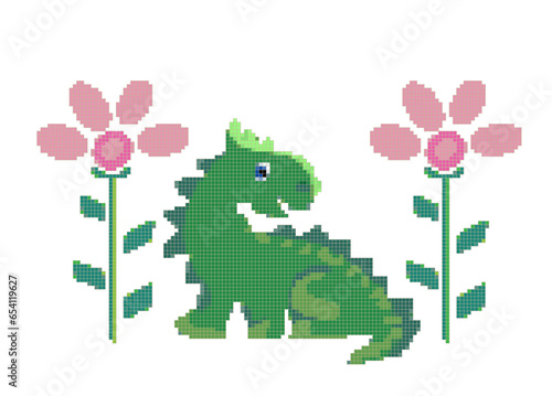 Cross-stitch pixel art dragon green vector set.