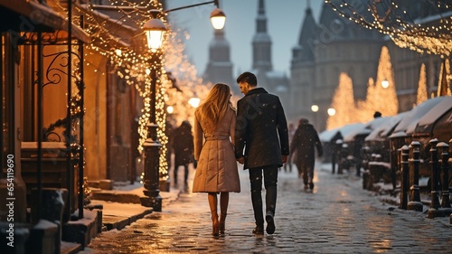 wedding couple strolling across snowy European city,