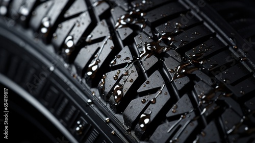 Detailed view of a wet tire with water droplets, emphasizing its design and effectiveness against slippage.
