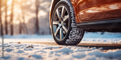 Sunlit view of a car's tire tread imprinted on fresh snow, symbolizing secure journeys in frosty conditions. photo