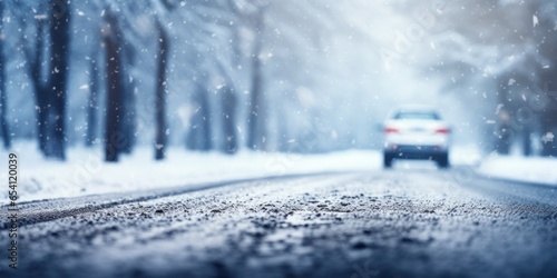Snow flurries around a vehicle journeying through a wintry landscape, a testament to safe winter travel. © Liana