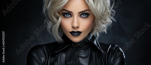 Beautiful woman in Halloween makeup and blond hair. model dressed all in black. Thanksgiving them.