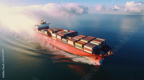 Aerial top view of cargo maritime ship sails with containers. Generative ai