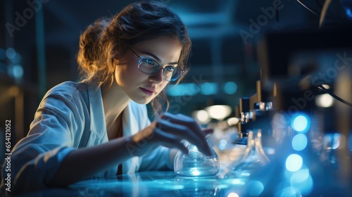 A female microbiologist in sterile clothing and safety goggles in the lab. Generative ai photo