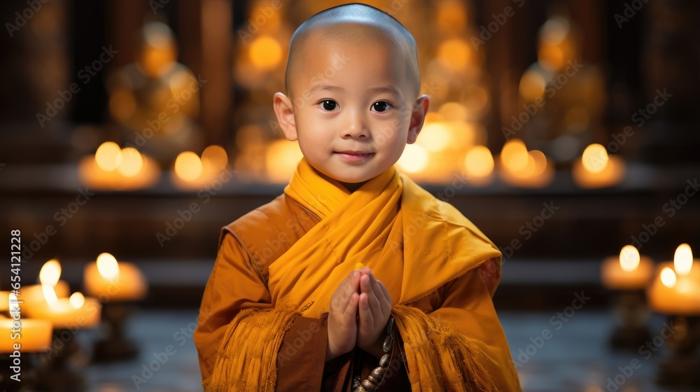 An adorable 2-year-old Asian Buddhist monk wearing a yellow-orange threefold robe inside the temple. Generative ai - obrazy, fototapety, plakaty 