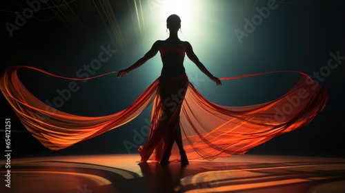 A rhythmic gymnast twirling a red ribbon-like dress, a silhouetted woman dancing, a backlit stage performance. Generative ai photo