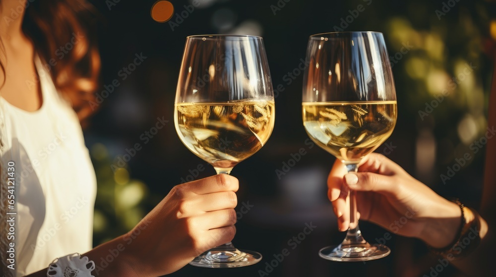 Two girls cheersing wine glasses. Two glasses of white wine, female hands. Generative ai Two girls cheersing wine glasses. Two glasses of white wine, female hands. Generative ai