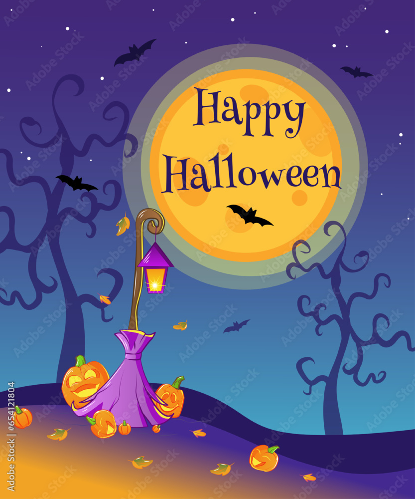 Naklejka premium Vector festive poster for the Halloween holiday with pumpkins, broomsticks, foxes