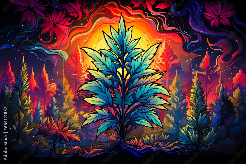 Graphic representation of legal, medicinal marijuana in 1970s psychedelic style. AI generative. - obrazy, fototapety, plakaty 