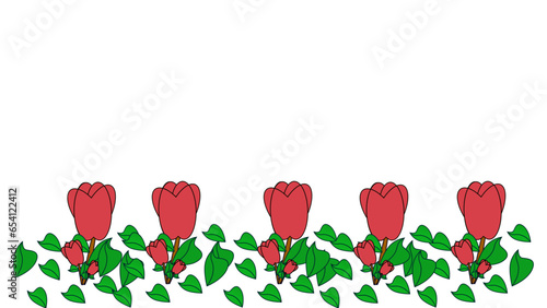 Red tulips isolated on white background. Frame and border of plenty red rose and green leaves. Pattern and template of invitation card or marriage card concept.