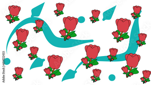 Background of plenty bush of red rose and green leaves. Wallpaper and wrapped paper concept. 