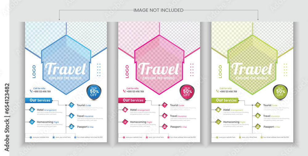 Tour Agency poster or travel flyer design template bundle. Editable tour poster template set