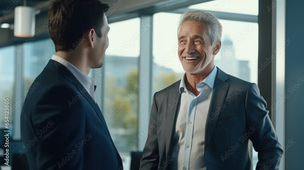 Kazakhstan mature businessman standing talking with business partner in the office Kazakhstan mature businessman standing talking with business partner in the office