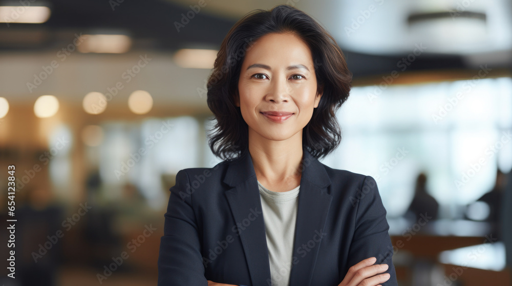 Asian mature businesswoman standing arm cross in the office - obrazy, fototapety, plakaty 