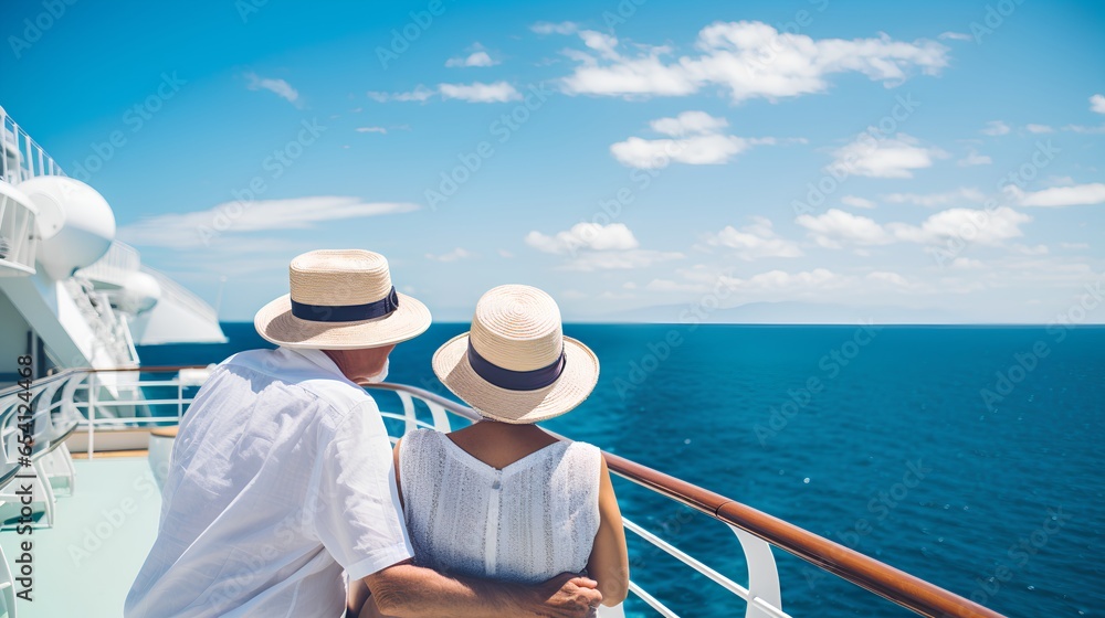 A senior couple is seen enjoying their time on a cruise ship, standing on the deck with a beautiful ocean view in the background. Enjoying their retirement and each others company. - obrazy, fototapety, plakaty 