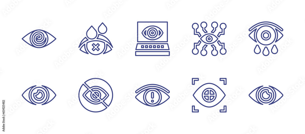 Eye line icon set. Editable stroke. Vector illustration. Containing hypnosis, eye, ophthalmology, scanning, engineering, teardrop, privacy, spyware, vision.