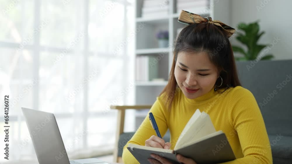 Learning, Studying. Asian Woman Using Laptop Computer at Home, Working Learning, Studying. Asian Woman Using Laptop Computer at Home, Working