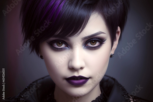 Portrait of a goth girl with pixie haircut and dark gothic makeup
